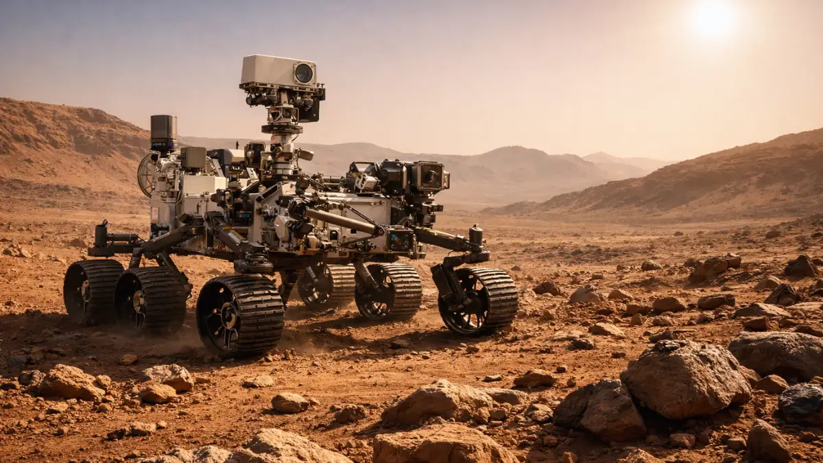 A hyper-realistic view of the NASA Perseverance rover exploring the rocky, red landscape of Jezero Crater on Mars under a clear sky.