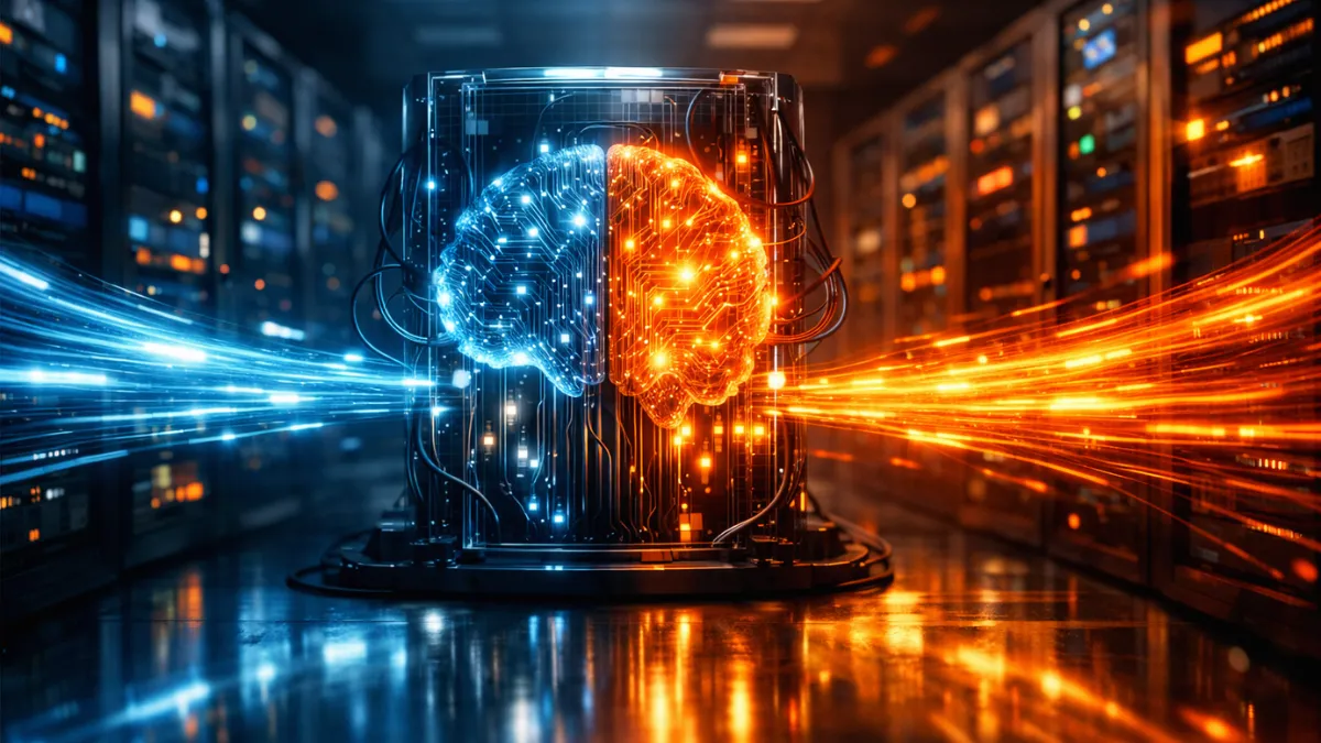 A glowing digital AI core inside a modern server room with blue and orange data streams representing network traffic and high compute demand.