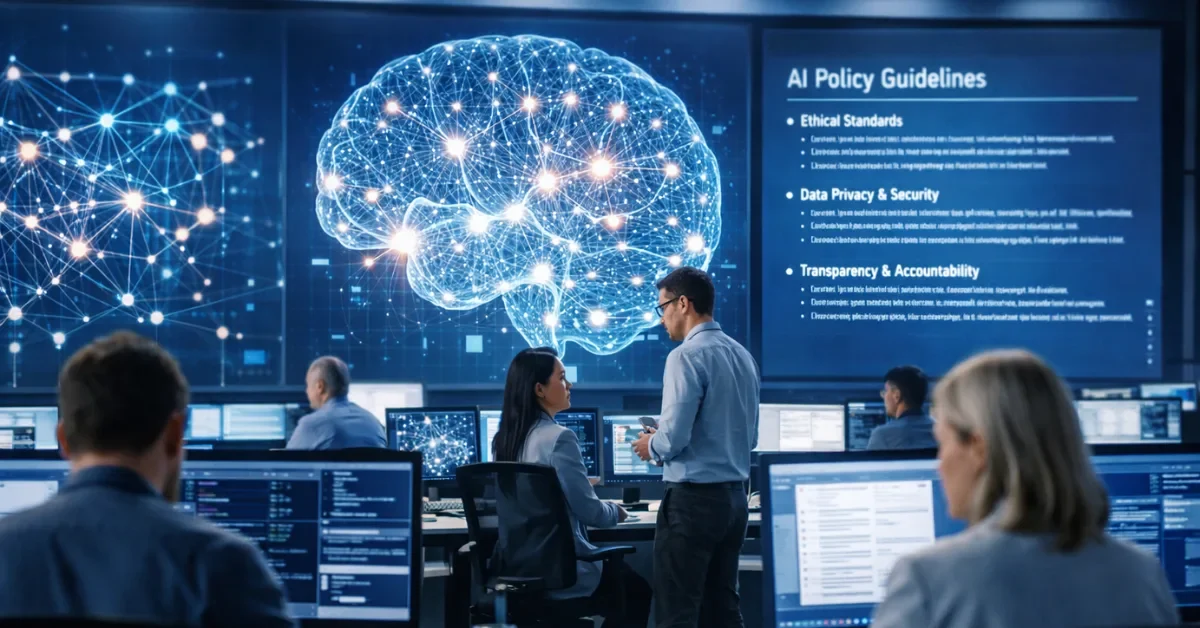AI researchers working at high-tech workstations in a modern lab, with large screens showing neural network visualizations, representing Anthropic's decision to revise its core AI safety policy amid competitive and political pressures.