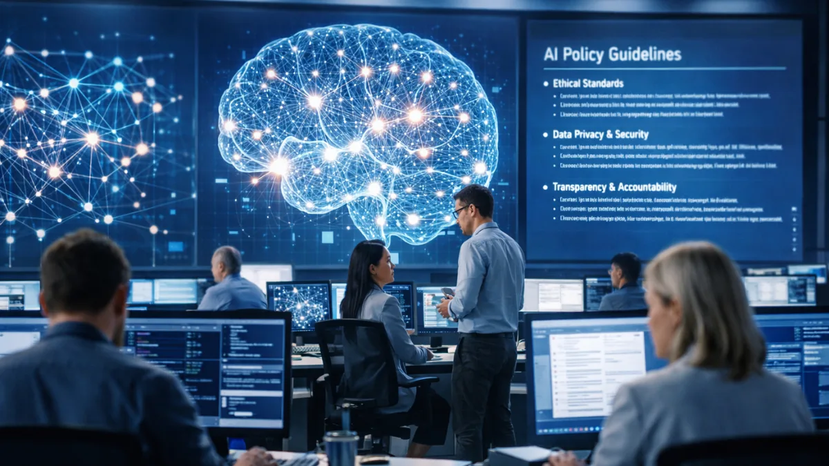 AI researchers working at high-tech workstations in a modern lab, with large screens showing neural network visualizations, representing Anthropic's decision to revise its core AI safety policy amid competitive and political pressures.