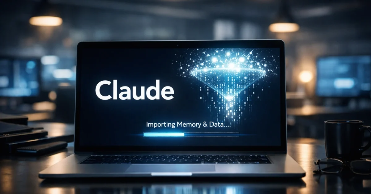 A modern laptop displaying the Claude AI interface with a data transfer animation, representing the new memory and import features.