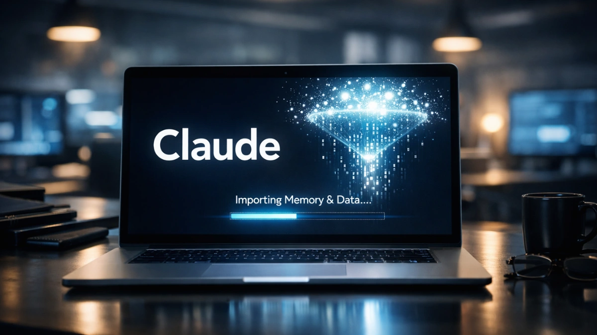 A modern laptop displaying the Claude AI interface with a data transfer animation, representing the new memory and import features.