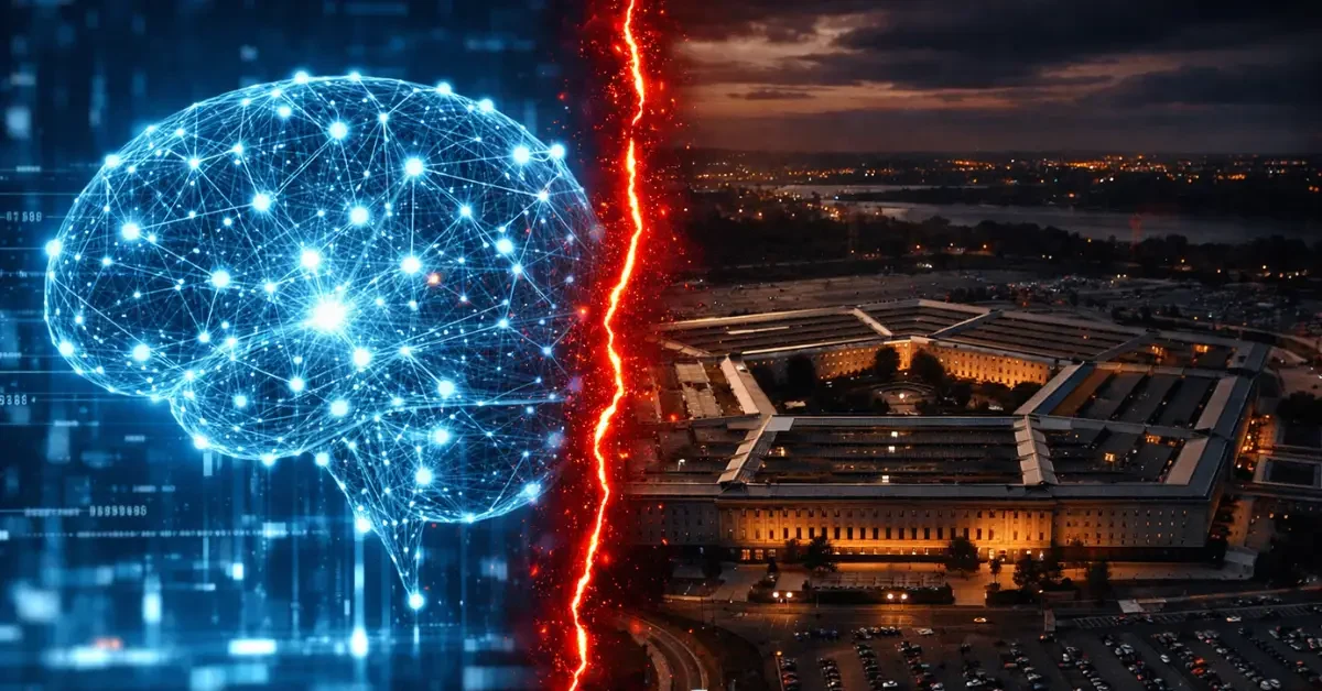 A split-screen digital illustration showing a glowing artificial intelligence network on one side and the Pentagon building on the other, divided by a glowing red line.