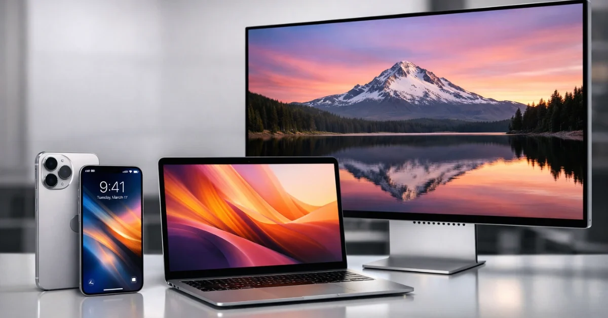 A professional news-style image showing an iPhone, a thin laptop, and a large desktop display arranged on a clean studio desk.