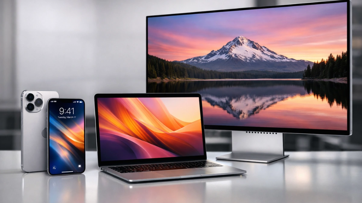 A professional news-style image showing an iPhone, a thin laptop, and a large desktop display arranged on a clean studio desk.