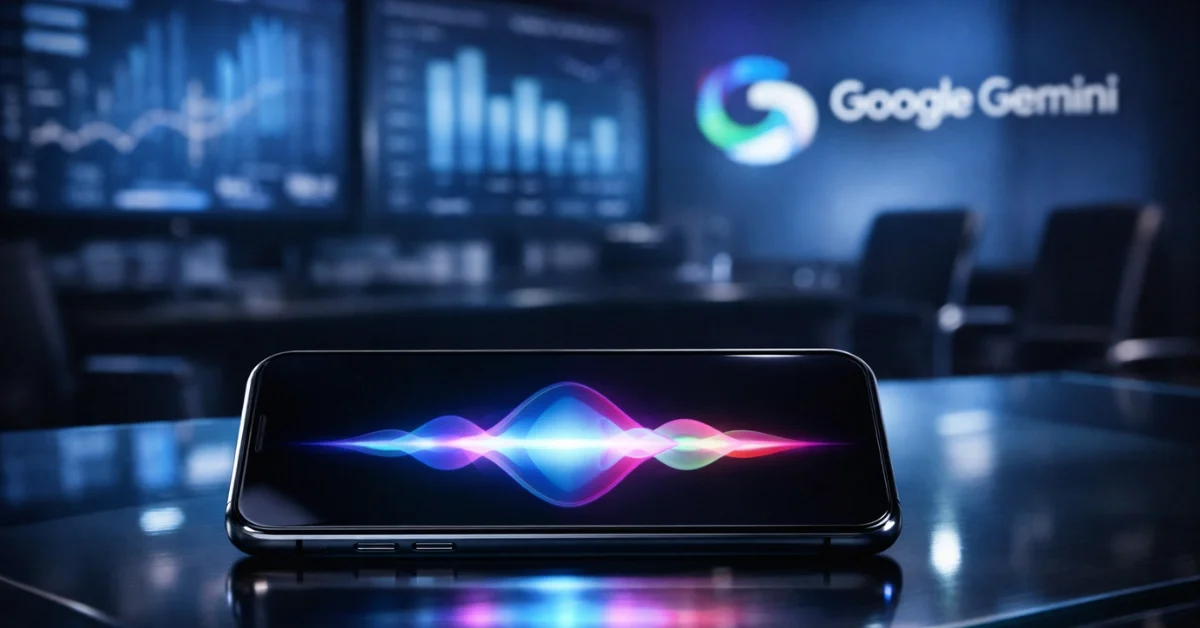 A sleek smartphone displaying a glowing AI waveform on a glass desk, representing Apple's Siri upgrade powered by Google Gemini.