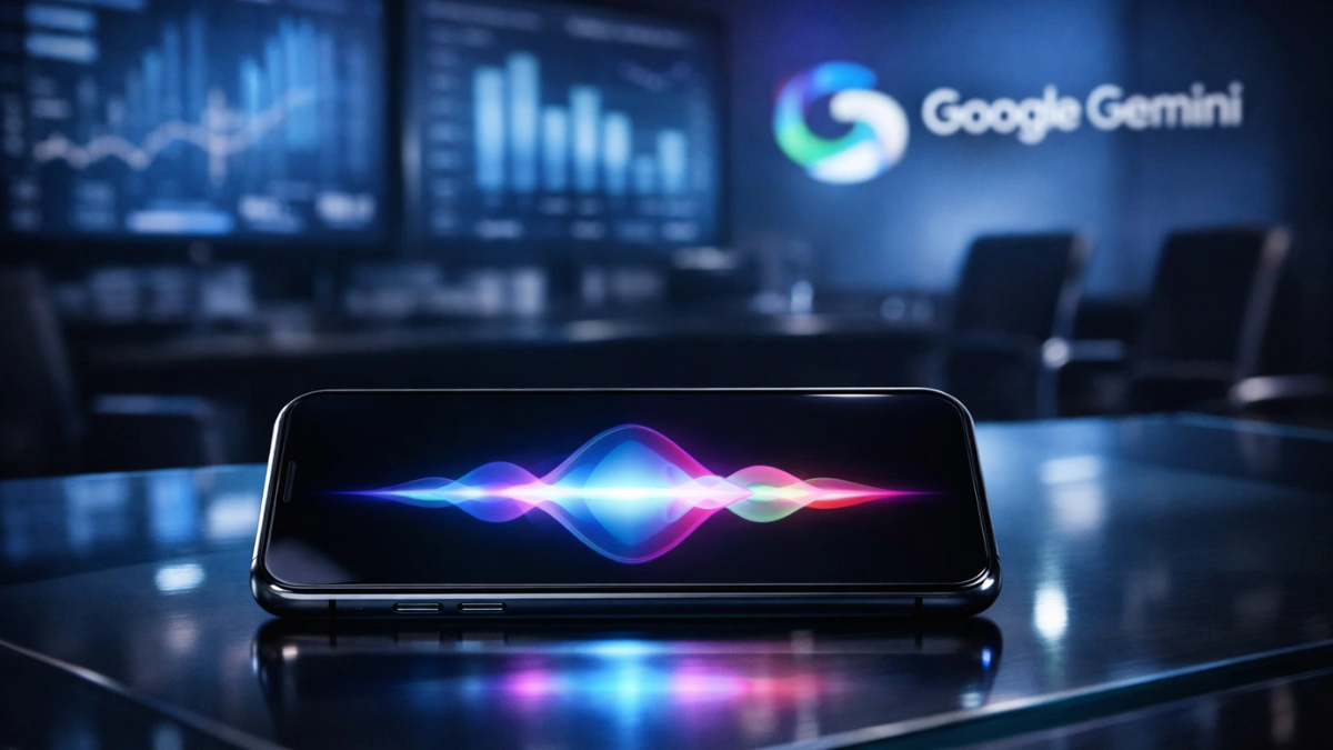 A sleek smartphone displaying a glowing AI waveform on a glass desk, representing Apple's Siri upgrade powered by Google Gemini.
