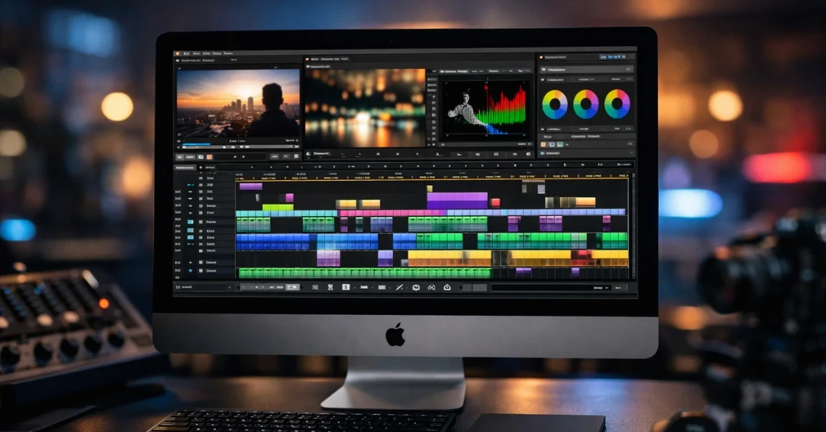 A sleek Apple computer monitor displaying advanced video editing software with multiple timeline tracks, set in a dimly lit, professional creative studio with ambient lighting.
