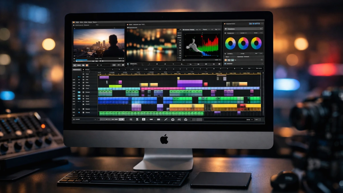 A sleek Apple computer monitor displaying advanced video editing software with multiple timeline tracks, set in a dimly lit, professional creative studio with ambient lighting.