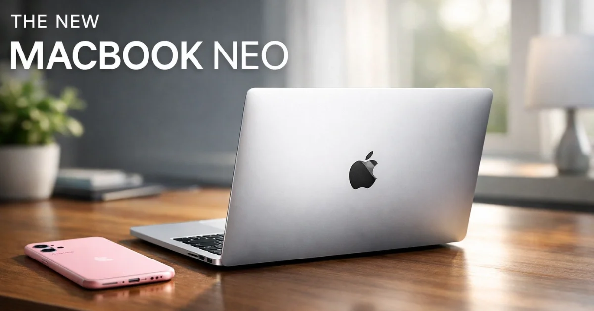 The new Apple MacBook Neo laptop in silver resting on a wooden desk next to a soft pink iPhone 17e in a brightly lit modern office.