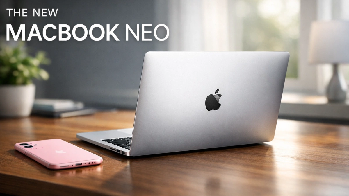 The new Apple MacBook Neo laptop in silver resting on a wooden desk next to a soft pink iPhone 17e in a brightly lit modern office.