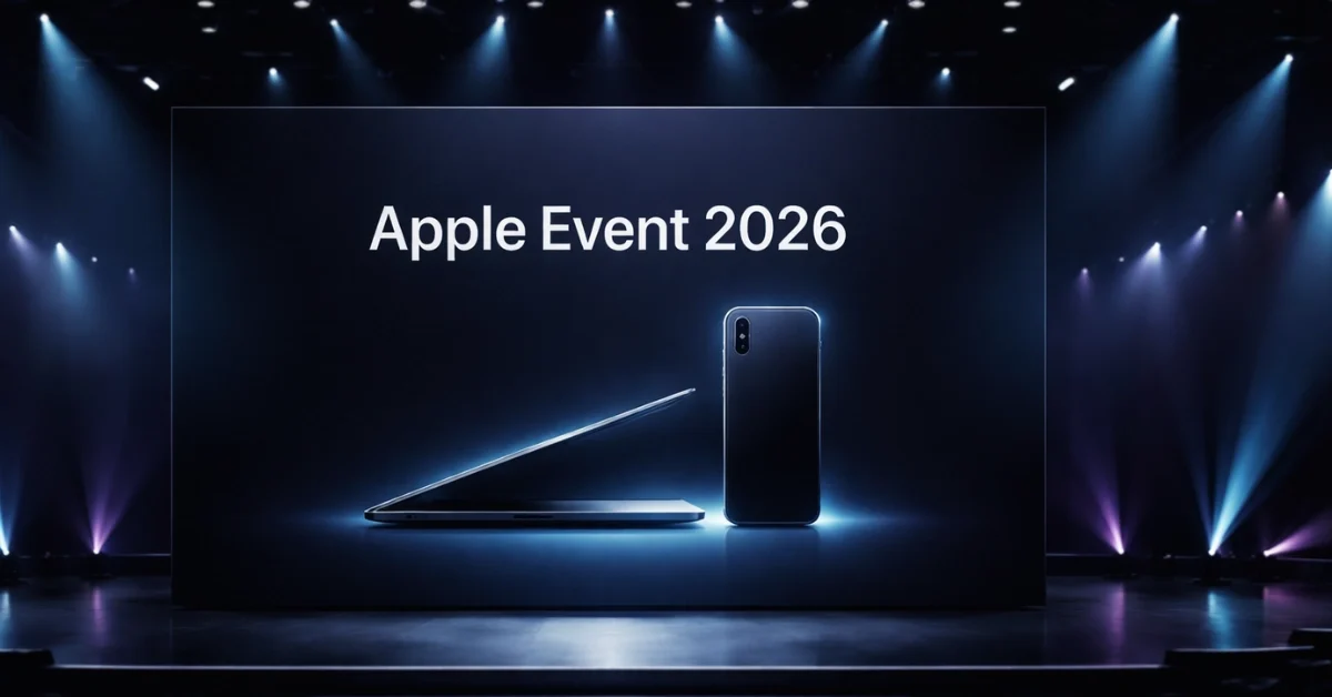 A sleek technology presentation stage displaying new Apple laptops and smartphones from the March 2026 event under dramatic blue and purple lighting.