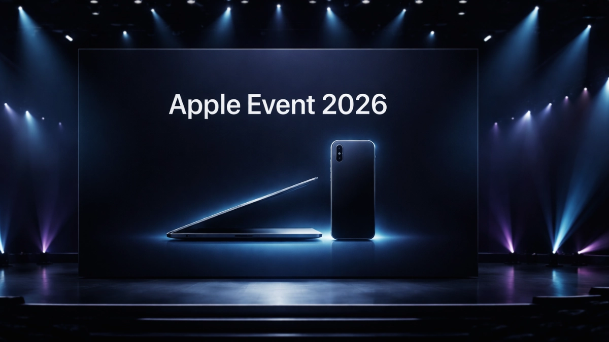 A sleek technology presentation stage displaying new Apple laptops and smartphones from the March 2026 event under dramatic blue and purple lighting.