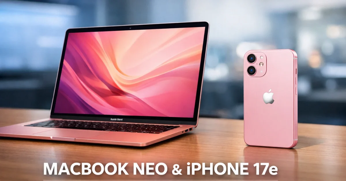 The new blush-colored MacBook Neo and pink iPhone 17e resting side by side on a modern wooden desk in a brightly lit studio.