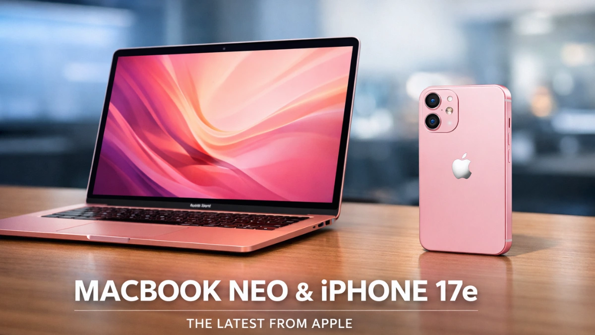 The new blush-colored MacBook Neo and pink iPhone 17e resting side by side on a modern wooden desk in a brightly lit studio.
