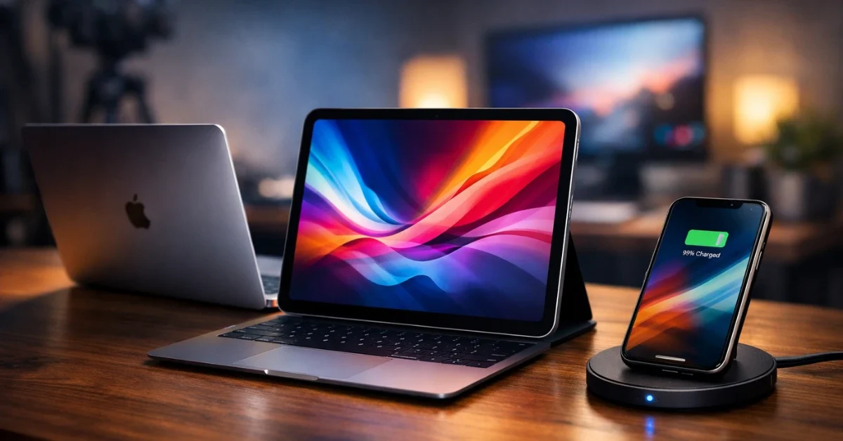 A sleek modern desk displaying the latest Apple March 2026 hardware releases, including a MacBook Air, an iPad Air, and an iPhone.