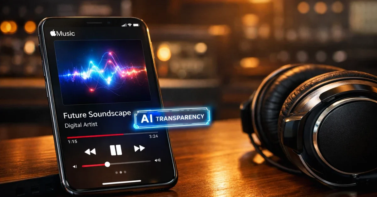 A smartphone on a recording studio desk displaying an Apple Music song with an AI transparency tag, positioned next to studio headphones.