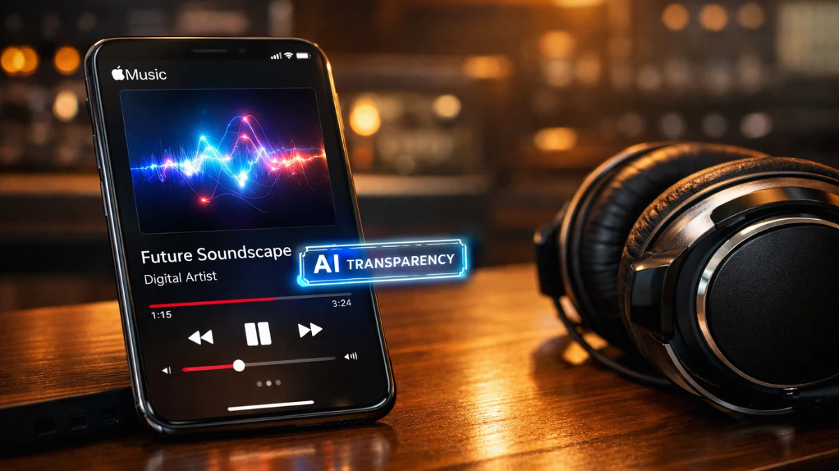 A smartphone on a recording studio desk displaying an Apple Music song with an AI transparency tag, positioned next to studio headphones.