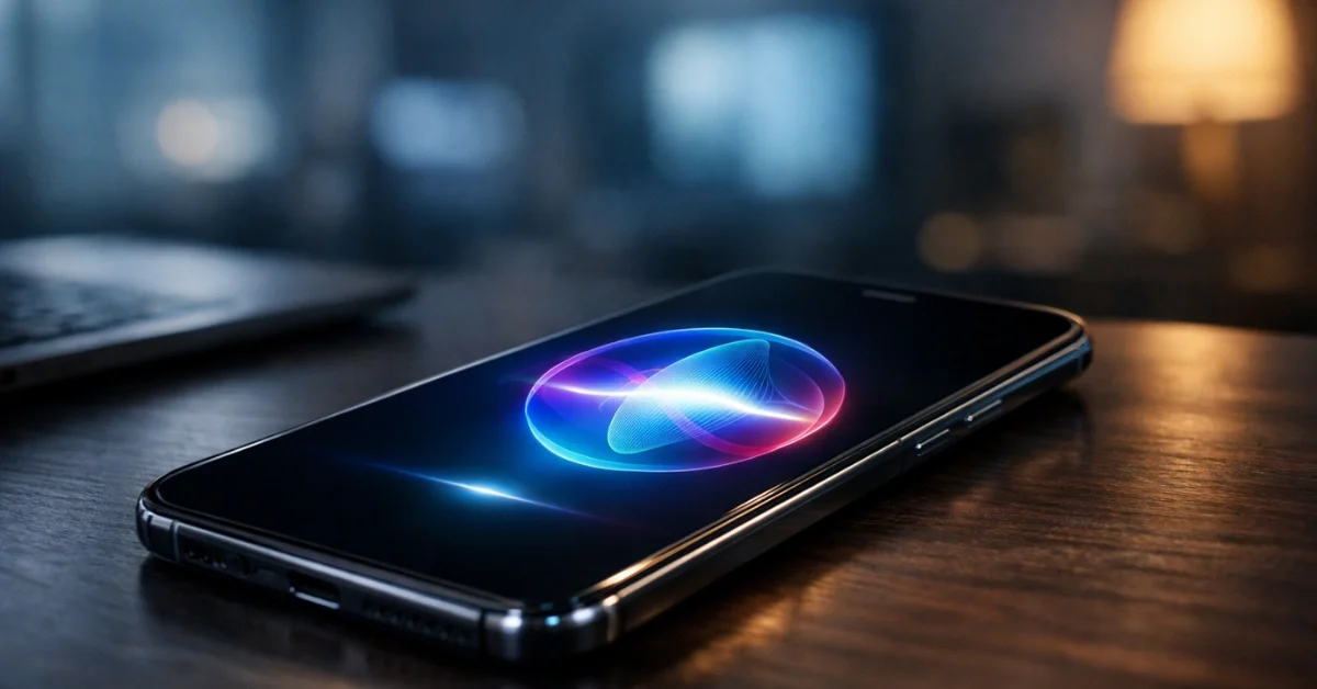 A modern smartphone resting on a desk displaying a glowing Siri interface, representing Apple's upcoming artificial intelligence integrations in iOS 27.