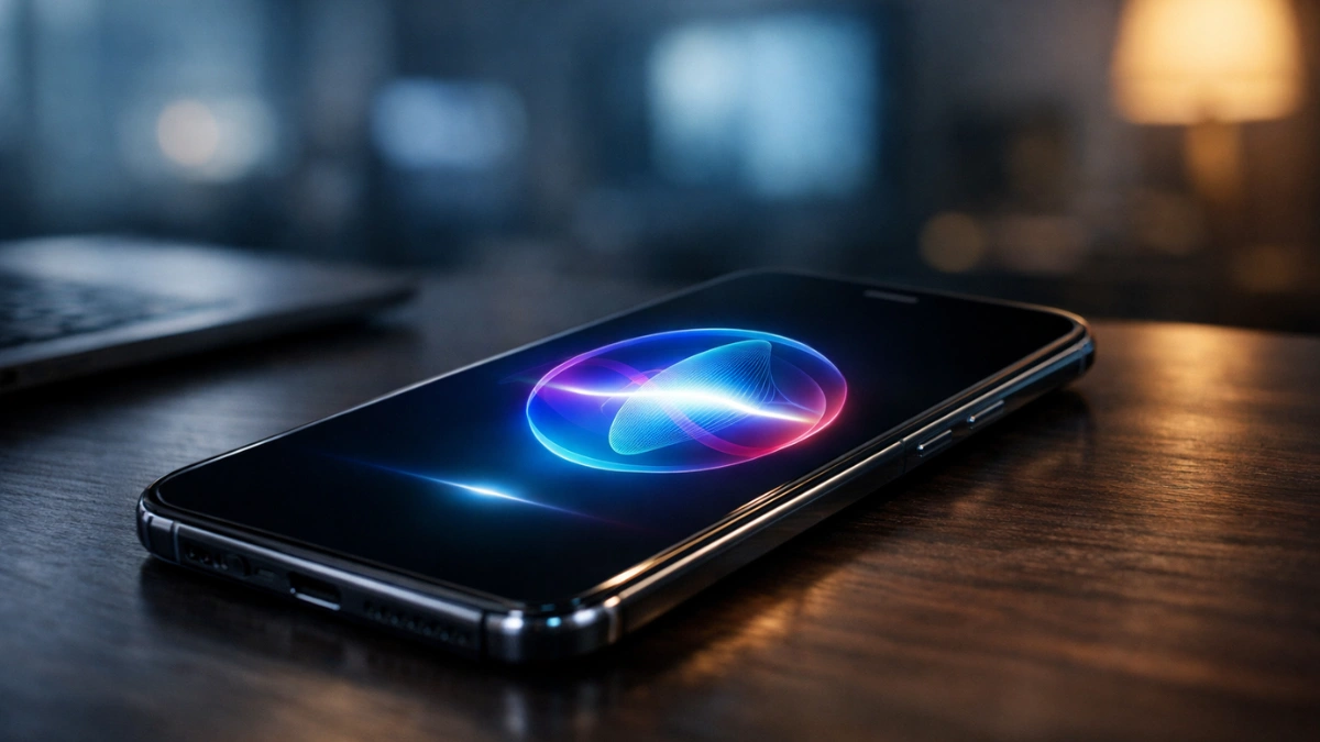 A modern smartphone resting on a desk displaying a glowing Siri interface, representing Apple's upcoming artificial intelligence integrations in iOS 27.