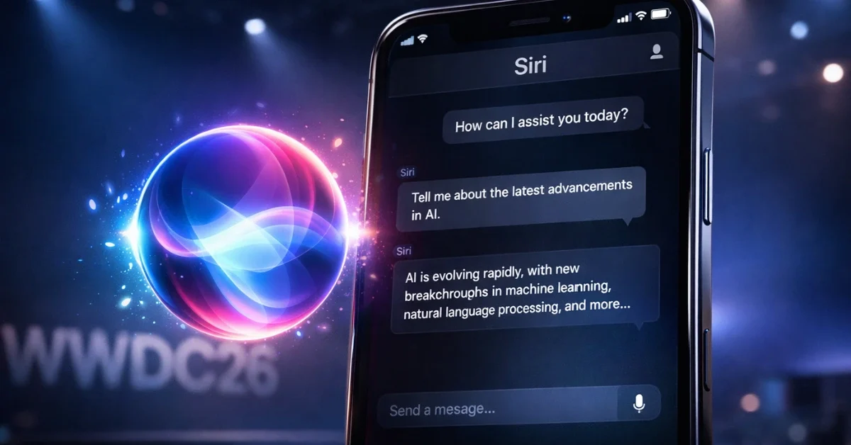 A sleek iPhone screen displaying a futuristic text-based chat interface for the new AI-powered Siri against a dimly lit WWDC 2026 background.