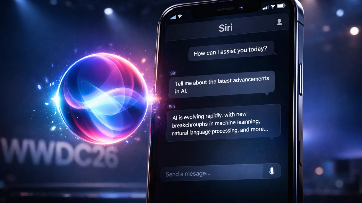 A sleek iPhone screen displaying a futuristic text-based chat interface for the new AI-powered Siri against a dimly lit WWDC 2026 background.