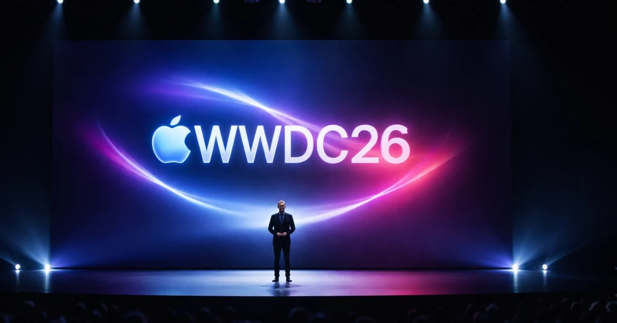 A sleek technology conference stage with a large screen displaying WWDC26 on a dark background with dramatic bottom lighting.