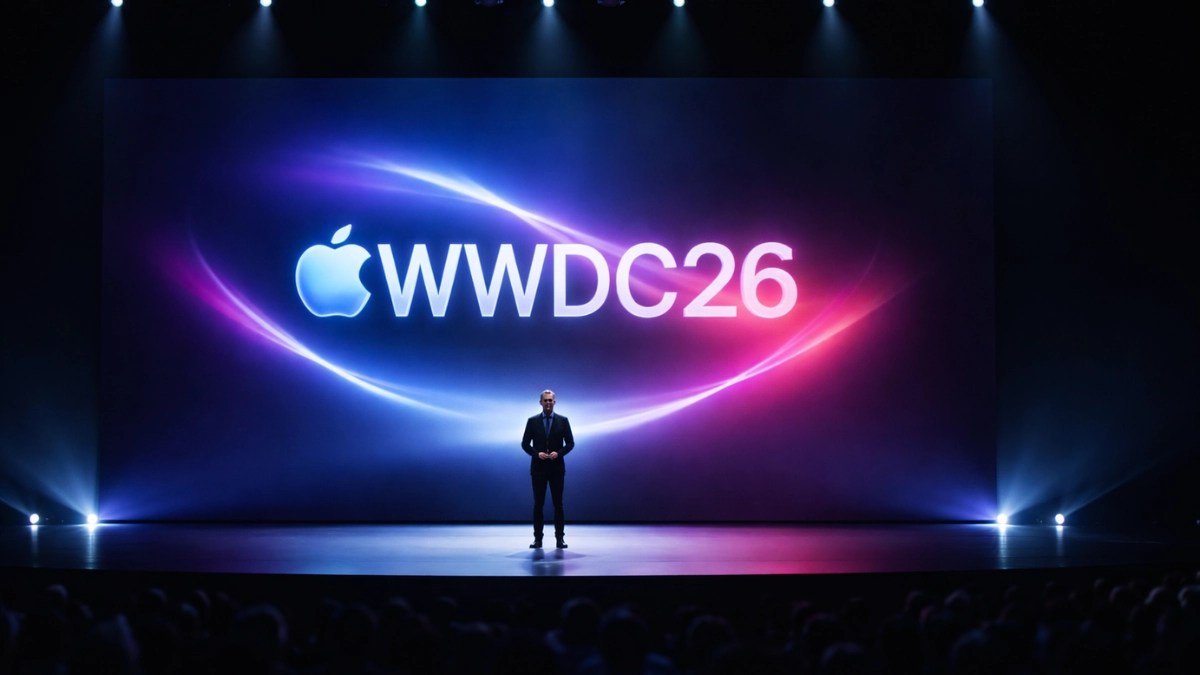 A sleek technology conference stage with a large screen displaying WWDC26 on a dark background with dramatic bottom lighting.