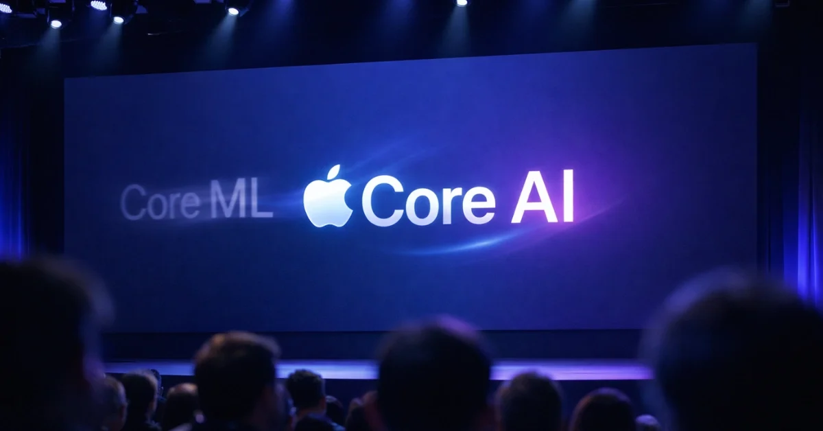 A brightly illuminated conference stage screen displaying the words Core AI in a sleek modern font, with blurred audience silhouettes in the foreground.
