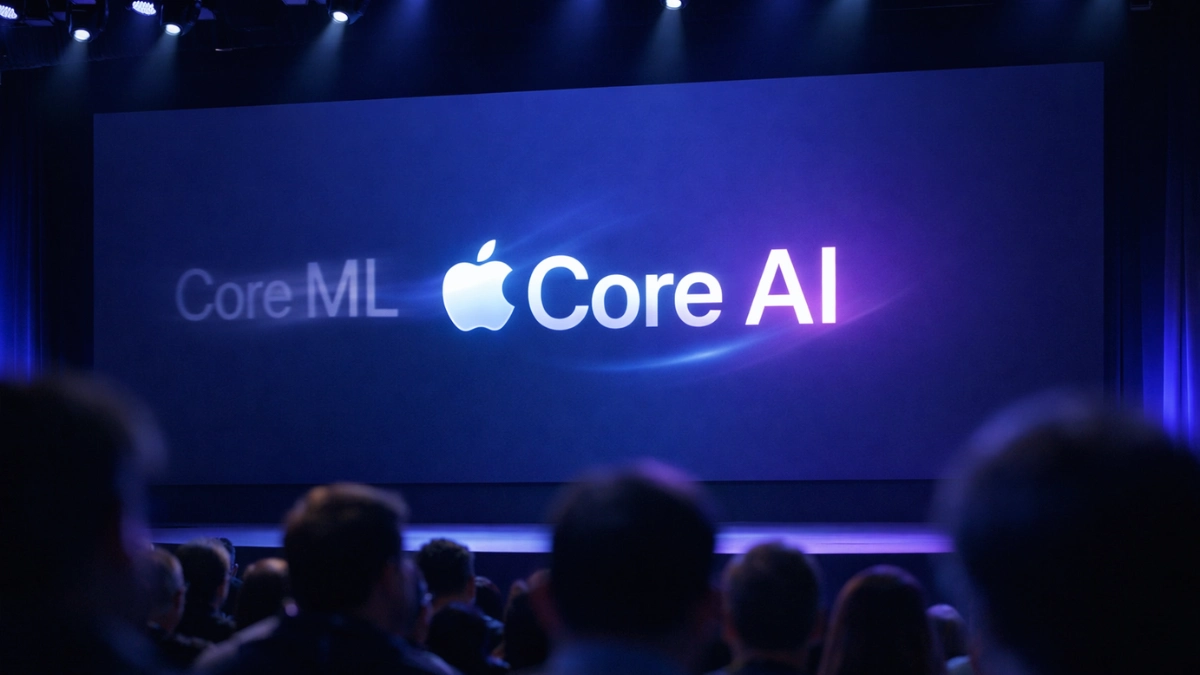 A brightly illuminated conference stage screen displaying the words Core AI in a sleek modern font, with blurred audience silhouettes in the foreground.