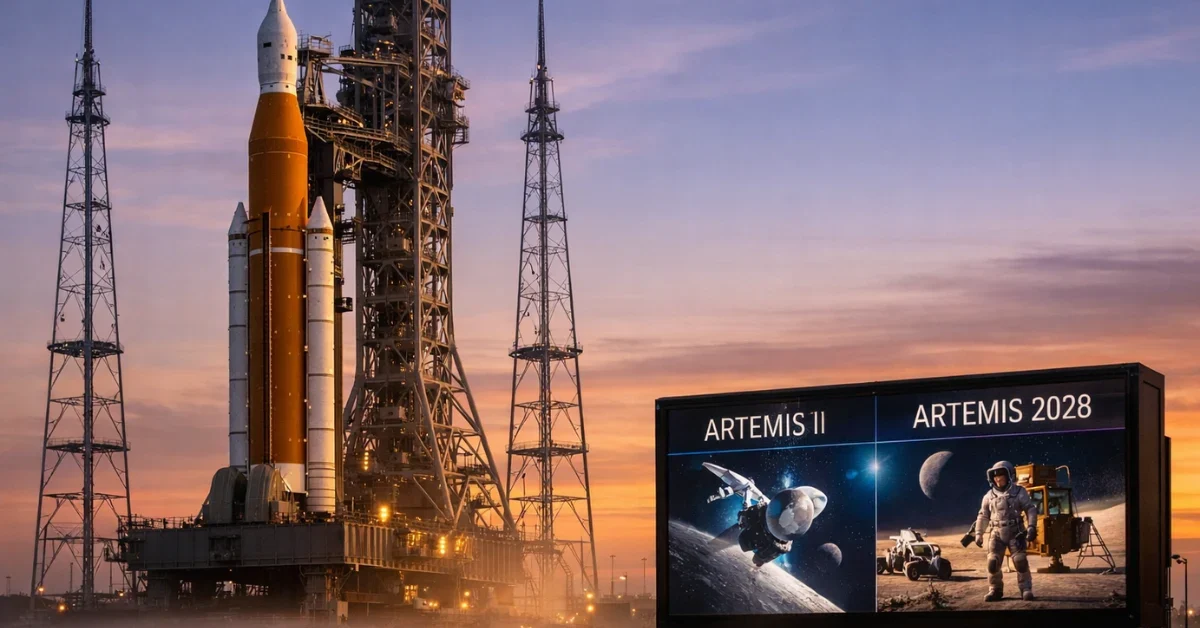 A large rocket and spacecraft on a launch pad at sunrise, representing NASA’s Artemis missions and updated Moon-landing timeline.
