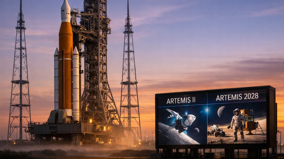 A large rocket and spacecraft on a launch pad at sunrise, representing NASA’s Artemis missions and updated Moon-landing timeline.
