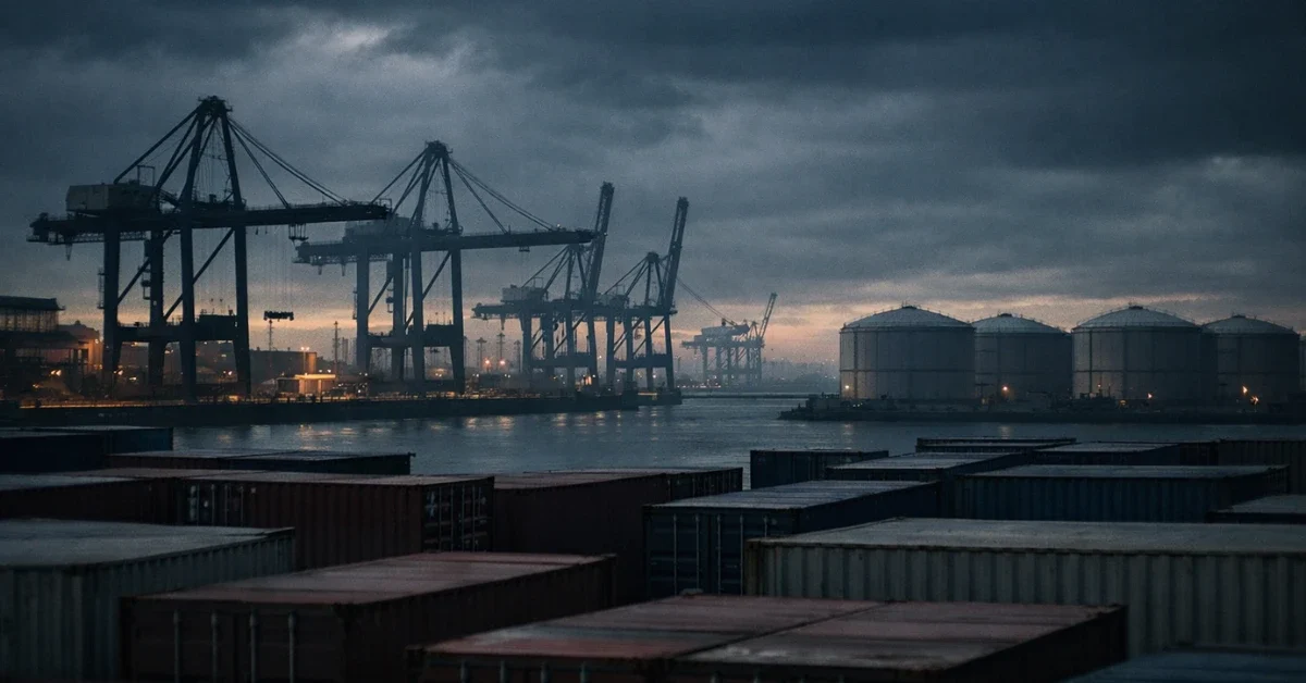 An idle Asian shipping port at dusk with stationary cargo cranes and oil storage tanks, illustrating the severe disruption in global energy flows and cargo movement.