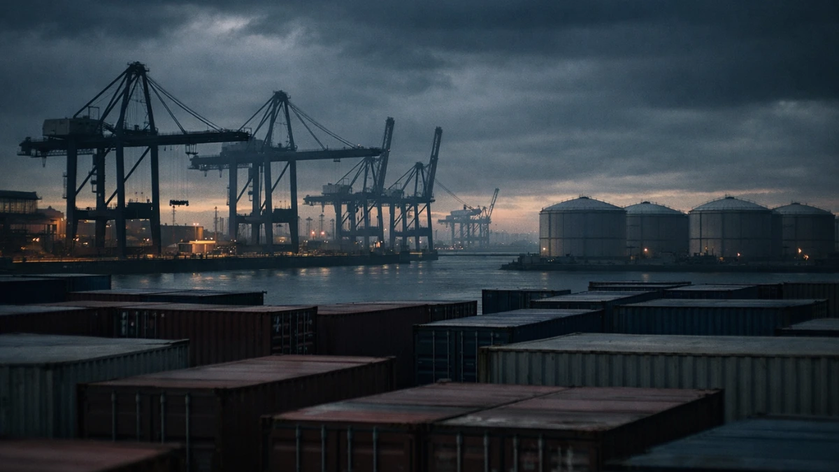 An idle Asian shipping port at dusk with stationary cargo cranes and oil storage tanks, illustrating the severe disruption in global energy flows and cargo movement.