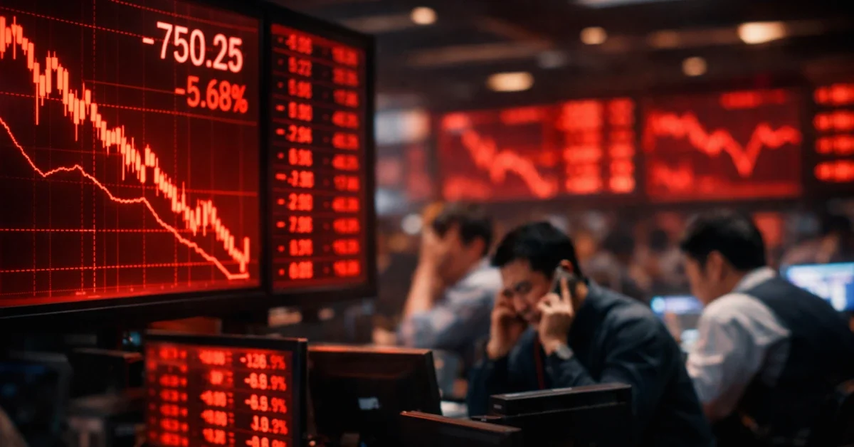 Red downward trending stock charts on digital display boards in a dimly lit Asian financial trading floor.