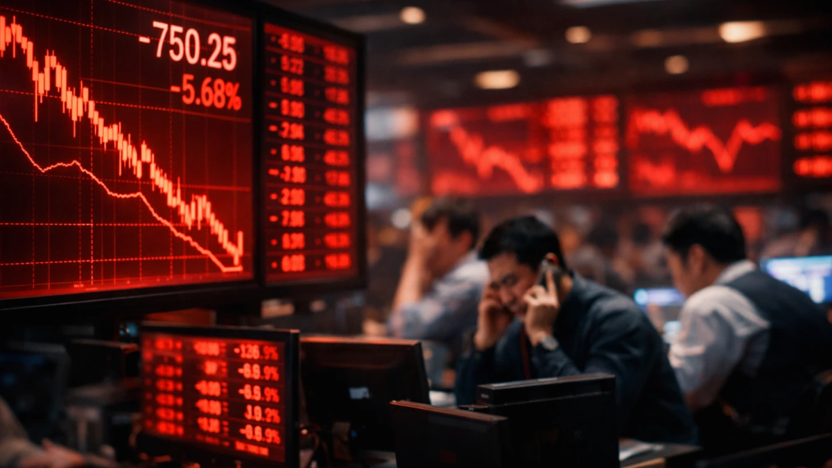 Red downward trending stock charts on digital display boards in a dimly lit Asian financial trading floor.