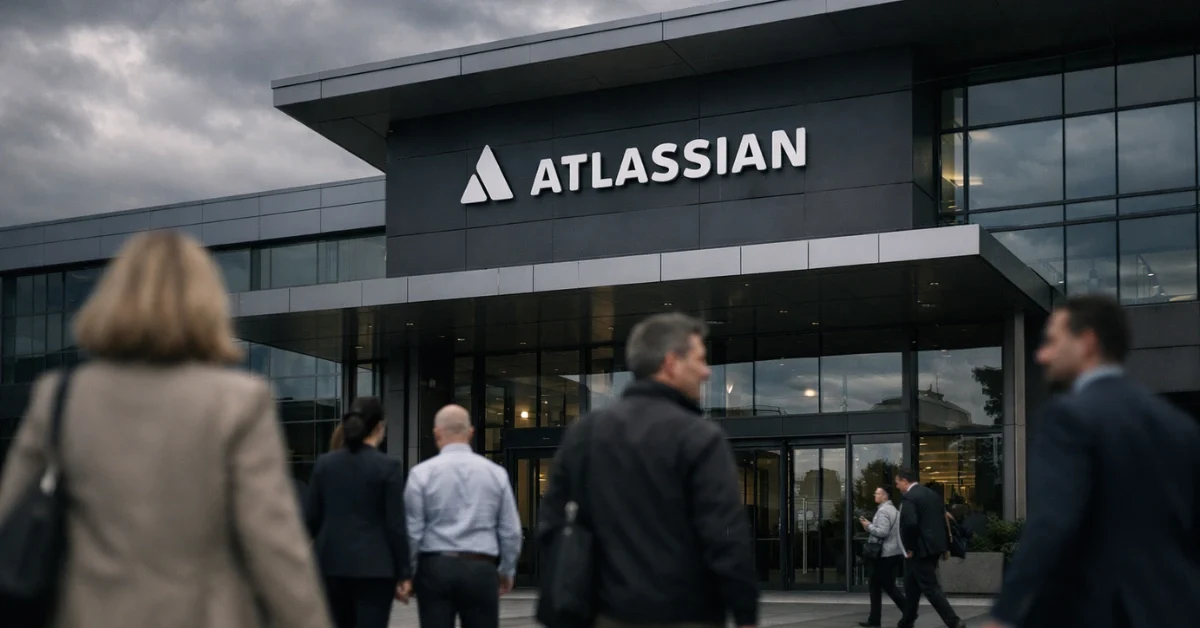 The exterior of a modern corporate office building reflecting the business setting of the recent Atlassian layoffs.