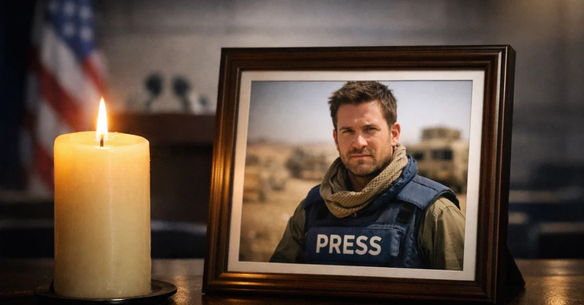A glowing candle next to a blurred photograph of a journalist, symbolizing the ongoing search and enduring hope for missing reporter Austin Tice.