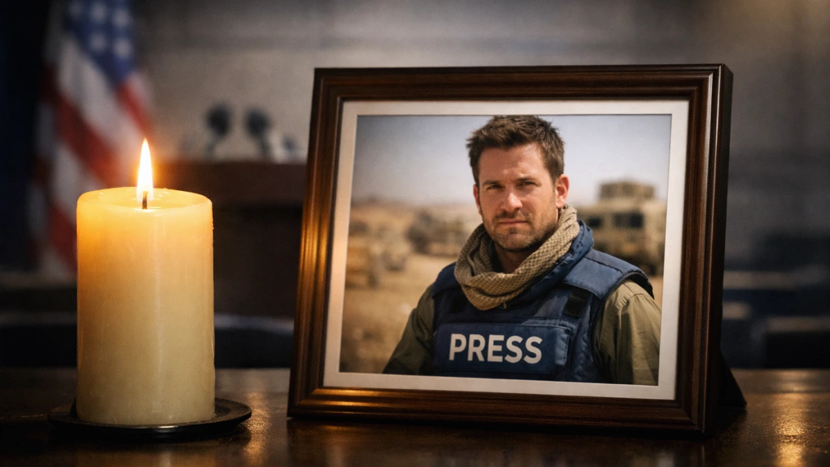 A glowing candle next to a blurred photograph of a journalist, symbolizing the ongoing search and enduring hope for missing reporter Austin Tice.