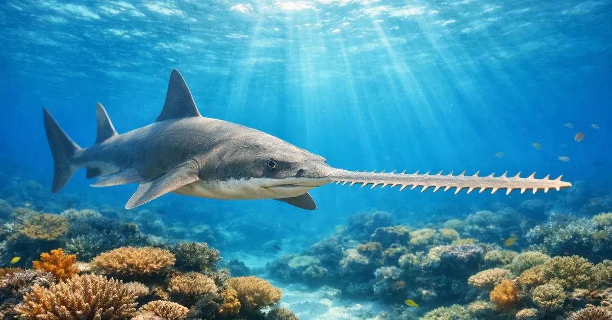 A sawfish swimming through a clear, sunlit marine reef in northern Australia.