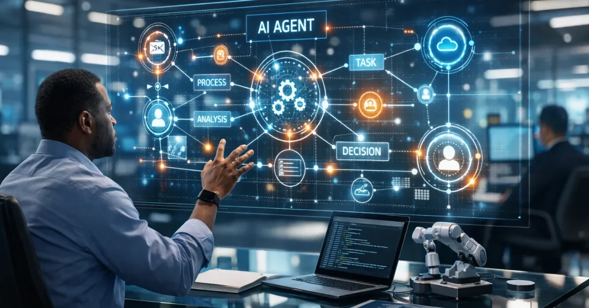 A human engineer interacts with glowing holographic data nodes representing autonomous AI agents in a modern, high-tech corporate workspace.