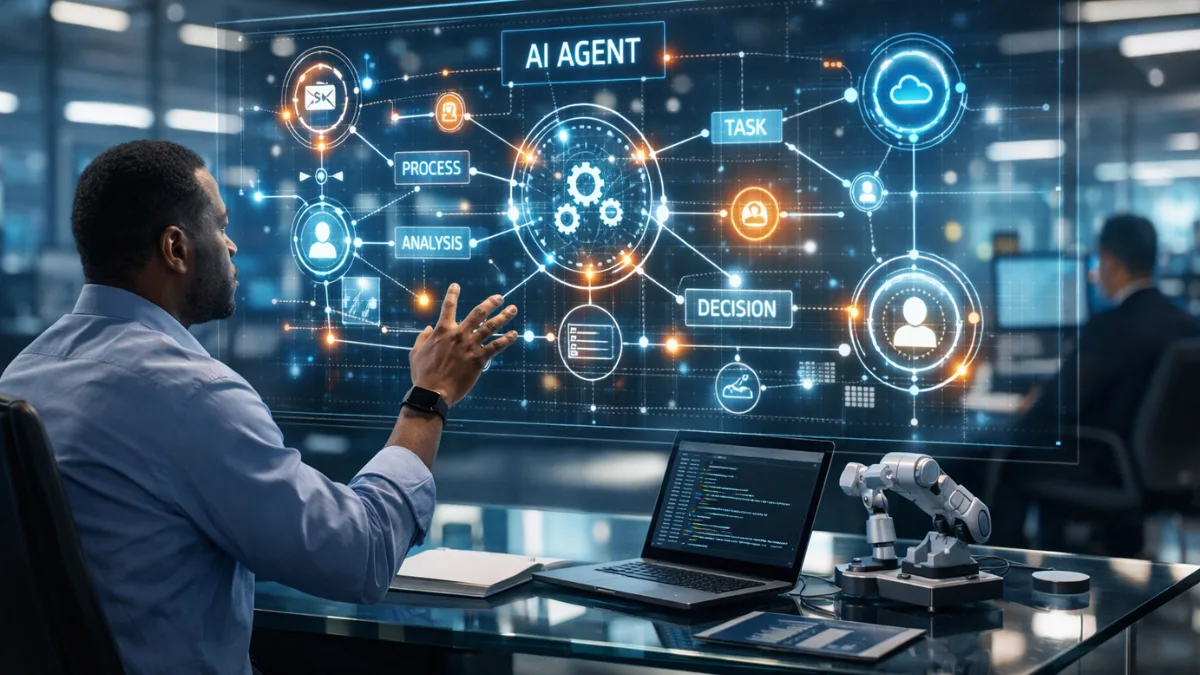 A human engineer interacts with glowing holographic data nodes representing autonomous AI agents in a modern, high-tech corporate workspace.