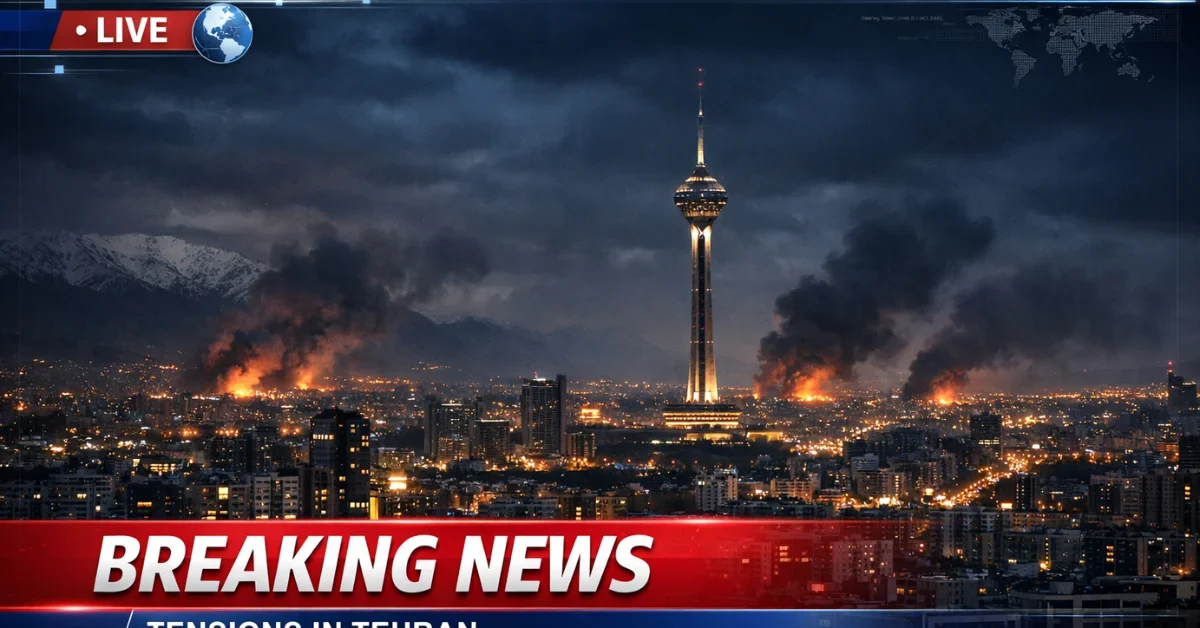 A dramatic night view of the Tehran skyline with smoke in the distance, framed like a breaking news broadcast graphic.