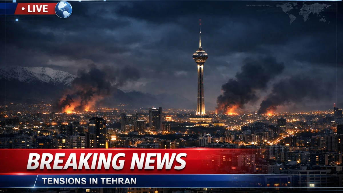 A dramatic night view of the Tehran skyline with smoke in the distance, framed like a breaking news broadcast graphic.