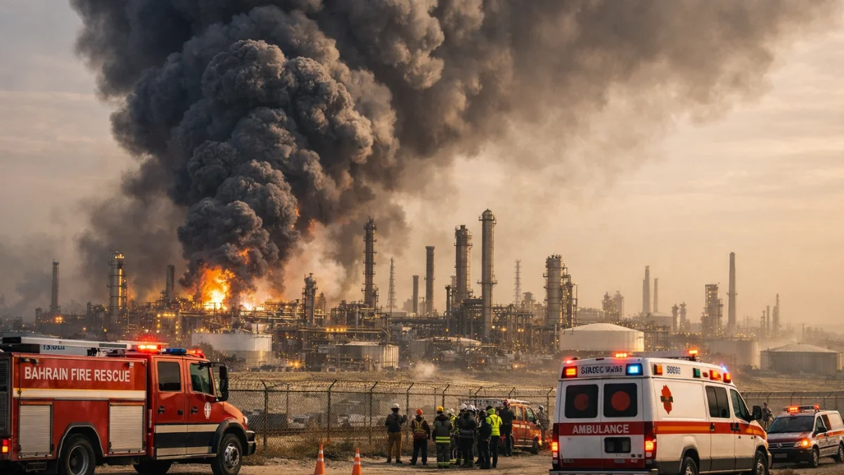 Thick dark smoke rises over an industrial refinery area on Sitra island in Bahrain as emergency vehicles respond nearby.
