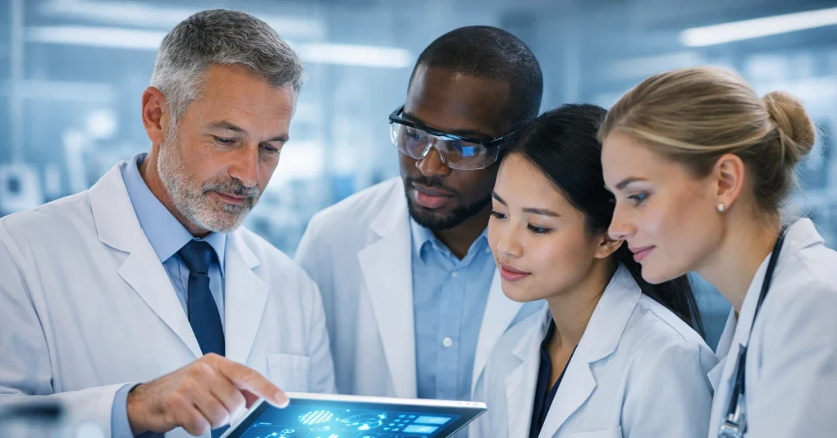 A diverse group of scientists looking at research data on a digital tablet in a bright, modern laboratory setting .