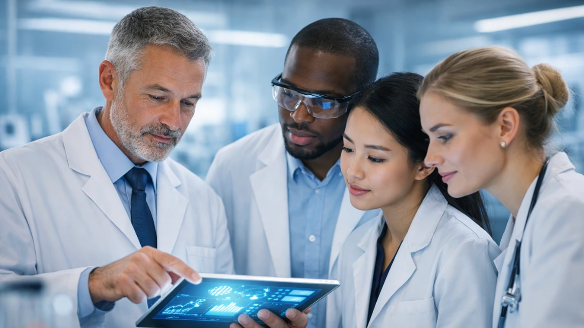 A diverse group of scientists looking at research data on a digital tablet in a bright, modern laboratory setting .