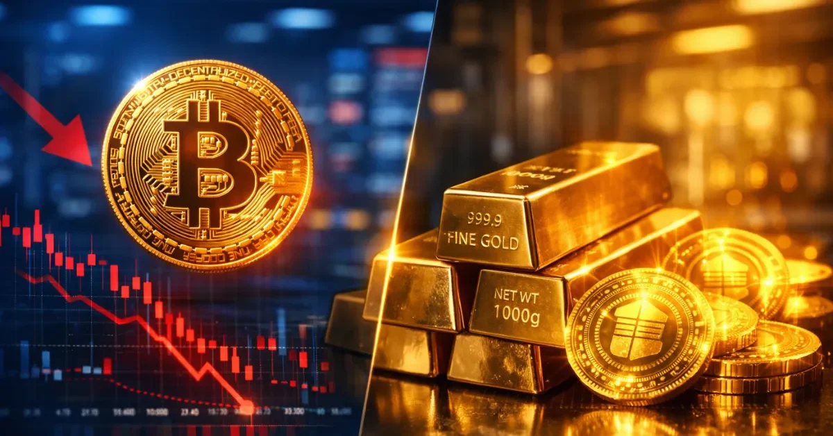 A glowing Bitcoin and digital gold tokens displayed over a modern financial trading background with market data screens.