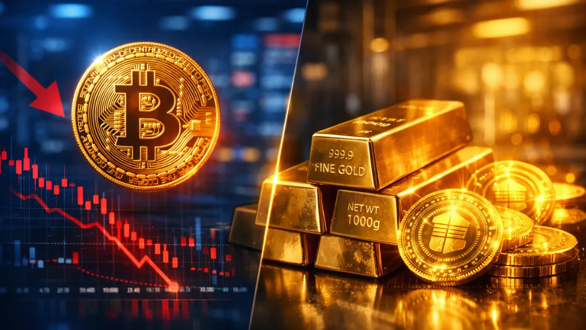 A glowing Bitcoin and digital gold tokens displayed over a modern financial trading background with market data screens.