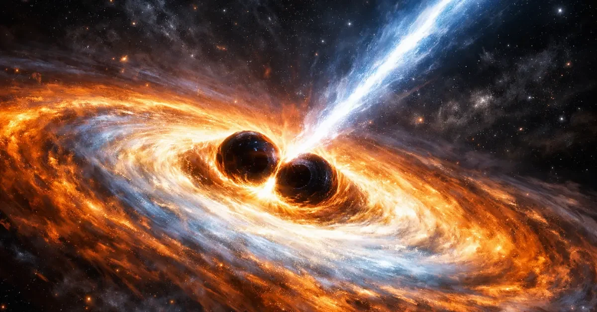 Two massive black holes merging inside a bright, swirling disk of gas and emitting a powerful jet of light into deep space.